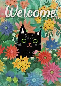 Welcome Spring Black Cat Decorative Garden Flag Kitty House Yard Lawn Daisy