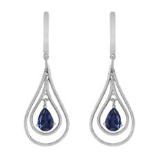 Floating Pear Blue Sapphire 925 Sterling Silver Long Dangle Women Earrings