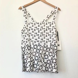 NEW NWT W BY WORTH Off White Black Border Print Criss Cross Strap Blouse Tank 10 - Picture 1 of 11