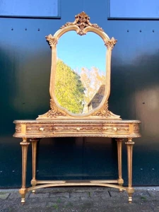 Vanity Table with Mirror Vintage French Louis XVI Gold Leaf Dressing Set - Picture 1 of 11
