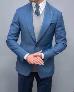 Leinen Herren Blauer Anzug Mode Einreihige Jacke Spitzkragen Hochzeit Custom - Bild 1 von 8