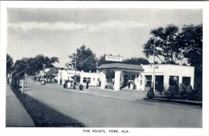 YORK, ALABAMA - FIVE POINTS - OASIS - GULF GAS STATION - OLD POSTCARD - Picture 1 of 2