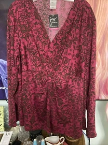 JMS Women Sz 4X Pinch Front V Neck LS Burgundy With Black Floral Design NWT - Picture 1 of 15
