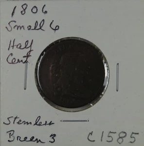 C1585 Vereinigte Staaten Half Cent 1806, klein 6, stiellos, Breen 3 - Bild 1 von 4