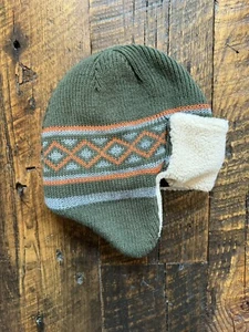 Boys Knit Trapper Hat Size 8 - 20 Dark Green Multicolor & Soft Beige Ear Cover - Picture 1 of 4