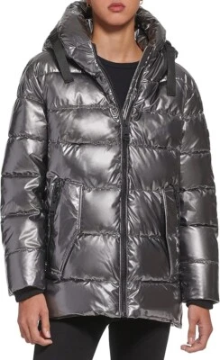 DKNY Women's Snap-Side Glossy Puffer Jacket Gunmetal Silver Size L NEW! $320 - Image 1 of 4