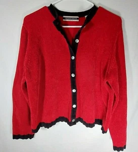 Amanda Smith Stretch Women's Red Cardigan Size L  Black Trim Super Soft Holidays - Picture 1 of 9