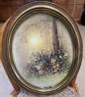 Vintage Oval Framed Gold Tone Matted Art Floral Woods Arrangement Decor
