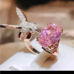 Humming Bird Wedding Ring 3.50Ct Lab Created Pink Sapphire 14K Rose Gold Plated - Picture 1 of 9
