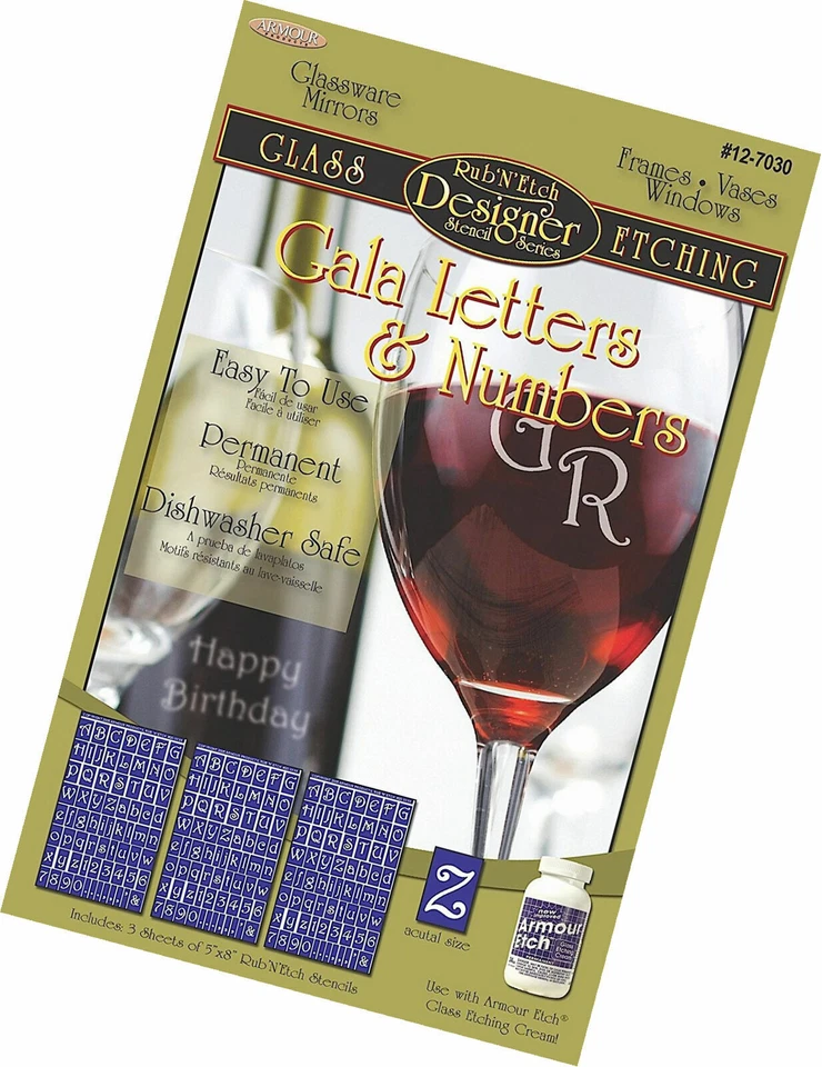 Armour Rub N Etch Set of 3 Glass Etching Stencils - Gala Letters & Numbers