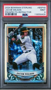 Jacob Wilson /199 PSA 9 MINT 2024 Bowman Sterling Prospects rifrattore BSP-48 A’s - Foto 1 di 2