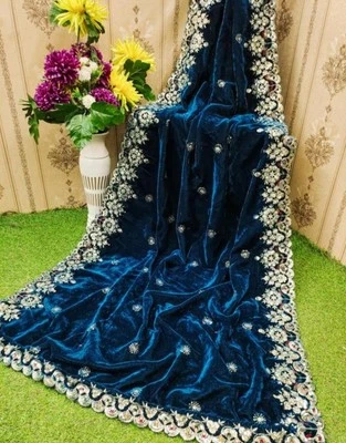 Mantón nupcial de terciopelo bordado pesado Dupatta estola de terciopelo floral de lujo Foto 1 de 4