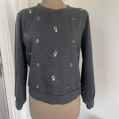 J Crew Charcoal Grey Beaded 3/4 Sleeve Sweatshirt Size M FUC - Image 1 of 4