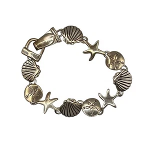 Pulsera náutica vintage - conchas marinas plateadas - estrellas de mar - dólares de arena - Imagen 1 de 7