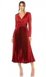 Ieena Mac Duggal Rose Red Pleated Long Sleeve Satin Midi Dress Size 10 $398 - Picture 1 of 3