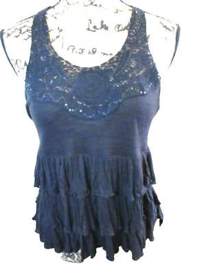 ¡NUEVO CON ETIQUETAS!  Camisola para mujer GUESS, encaje, lentejuelas, volantes nivel delantero, negra, talla M Foto 1 de 4