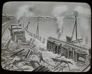 ANTIGUA Linterna Mágica Diapositiva A ACCIDENTE DE FERROCARRIL 1910 DIBUJO TREN DE VAPOR LOCOMOTORA - Imagen 1 de 2