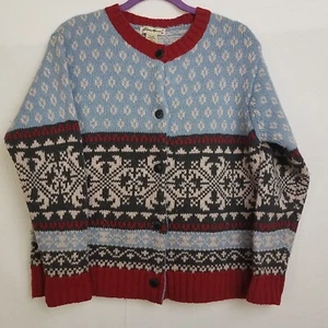 1980's EDDIE BAUER Nordic Fair Isle Lambs Wool Button Up Cardigan Blue Red Blk S - Picture 1 of 6