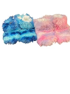 Justice Slippers Shaggy Bootie Girls M 5.5-7.5 Faux Fur Pink or Blue Grip Sole - Picture 1 of 13