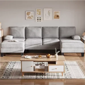 107" U-Shaped Chenille Sectional Sofa Modular Couch w/ Double Chaise - Picture 1 of 6