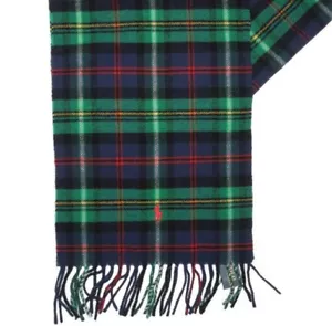 Polo Ralph Lauren Green & Navy plaid Virgin Wool winter Scarf with pony logo nwt - Picture 1 of 3