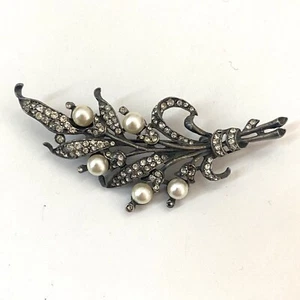 Vintage Large Graziano faux pearl Pin flower bouquet cat tail pewter rhinestone - Picture 1 of 5