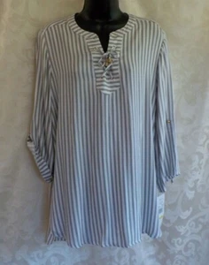 Ruby Rd Laced Front Top Size M NWT Olive Stripe Hi Low Hem Adjust Sleeve Rayon - Picture 1 of 12