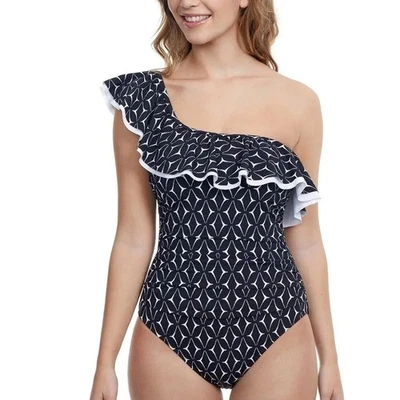 Gottex Profile NWT One Shoulder Ruffle Swimsuit 10 Black White Geometric Print - Image 1 of 4