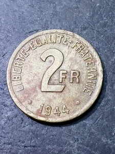 1944 FRANCE 2 FRANCS COIN - ALLIED WAR COINAGE - UNCOMMON COIN - #2 - Picture 1 of 2