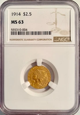 Cuarto de águila cabeza india oro 1914 $2,5 NGC MS 63 Foto 1 de 4