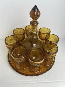 Vintage Tiara Exclusive Amber Glass Decanter 8 Goblets + Platter Set Indiana - Picture 1 of 13