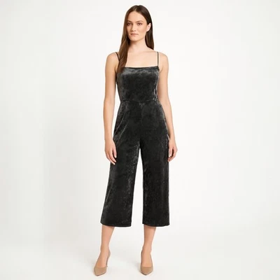 Topshop Black Velvet Velour Sleeveless Cami Wide Leg Overalls Jumpsuit Romper 4 - Image 1 of 4