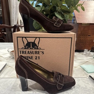 Mocasín de gamuza Nine West punta cuadrada marrón gamuza bloque hebilla años 90 talla 6M (992) Foto 1 de 4