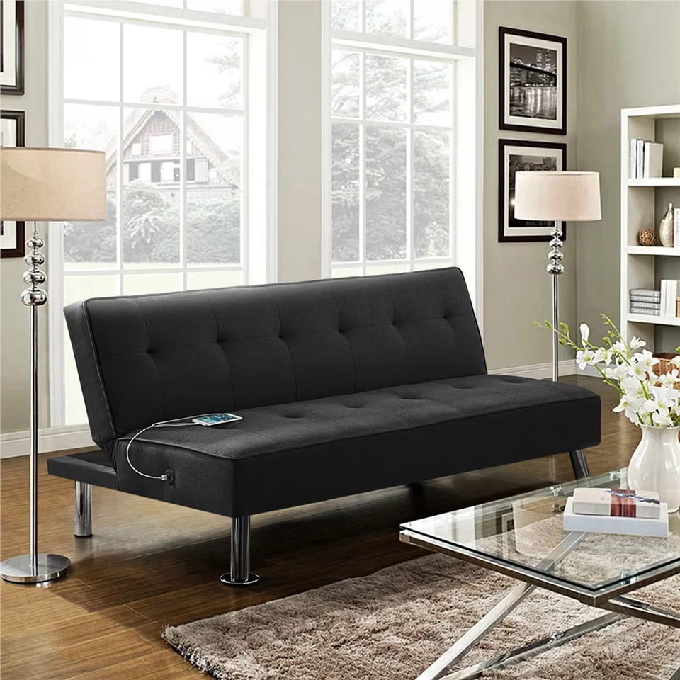 Alden Design 66" Modern Fabric Convertible Futon Sofa Bed with USB, Black - Image 1 of 4