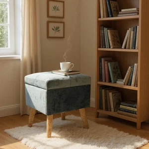 Modern Square Grey Ottoman Footstool With Velvet Padded Lift Up Storage Lounge - Picture 1 of 18