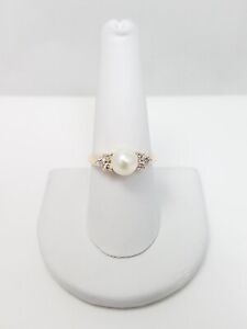 14k Yellow Gold 7.5mm Cultured Pearl Natural Diamond Ring (9209)