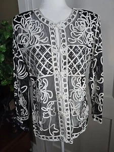 Celsa Vintage schwarz transparent Langarm verziert Soutache Anlass Top Gr. L - Bild 1 von 12