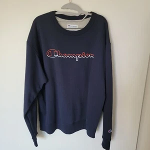 Champion Men's Large Powerblend Crewneck Sweatshirt, Navy Blue, Red/White Logo - Picture 1 of 8