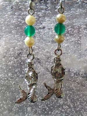 Mermaid 3/D Charm Earrings/Pearls and Green Aventurine./ SilverTone / 2" Length - Image 1 of 3