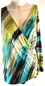 Liz Claiborne Women's Large Faux Wrap Top Long Sleeve Bright Abstract Print Soft - Picture 1 of 7