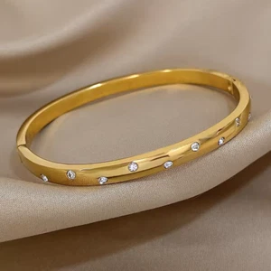 Women Stainless Steel Gold Plated Bangle Cubic Zirconia Bracelet Fashion Jewelry - Picture 1 of 5