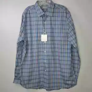 NWT Hickey Freeman Mens CRISP Blue Silver Plaid Long Sleeve Button Down Shirt XL - Picture 1 of 12