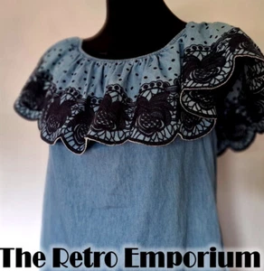 SEED HERITAGE ruffle light peasant style denim shirt blue embroidery ROSES SMALL - Picture 1 of 19