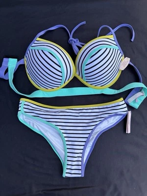 Nuevo con etiquetas Bikini Victoria's Secret ~ Corbata de rayas felices + 1 halter de taza ~ Itsy ~ 34DD/S Foto 1 de 4