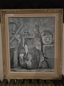 Vintage Mitte 20. Jahrhundert Buddha Kopf Gemälde Korea - Bild 1 von 7