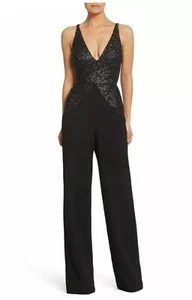 DRESS THE POPULATION JOEY SEQUIN V-NECK STRETCH CREPE BLACK JUMPSUIT size XL NWT - Picture 1 of 19