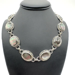Abalone Shell Necklace Silver Tone Marcasite Halo Oval Link 18" - Picture 1 of 9