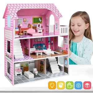 Kinder Puppenstube Puppenhaus aus Holz Dollhouse 3 Etagen mit Möbeln Spielhaus - Bild 1 von 12