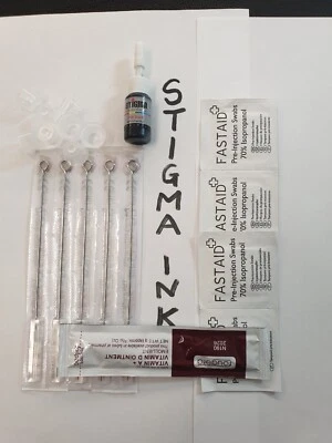 Stick and Poke Kit, 1 x Stigma Tinte, 5 Nadeln, Alkoholtupfer, Tassen, Heilcreme