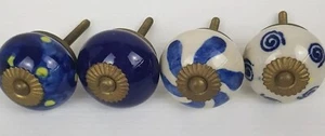 DECORATIVE Enamel Drawer Cabinet Knobs Blue White Design Vgc - Picture 1 of 13